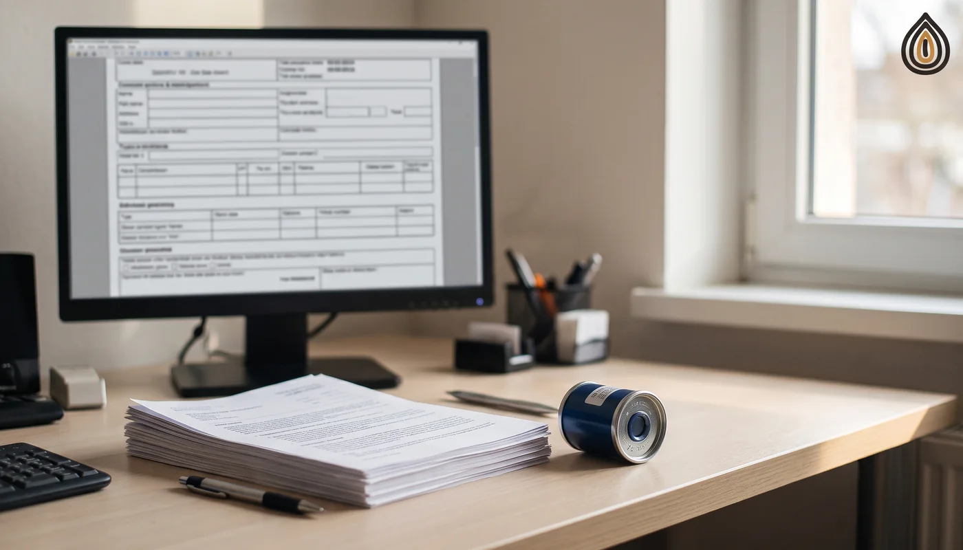 Customs broker's desk with a monitor showing a blurred declaration form, printed documents and a container seal