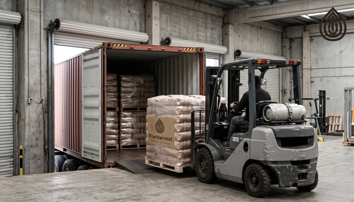 Pallets of kraft bags being unloaded from a container into a German warehouse in overcast light