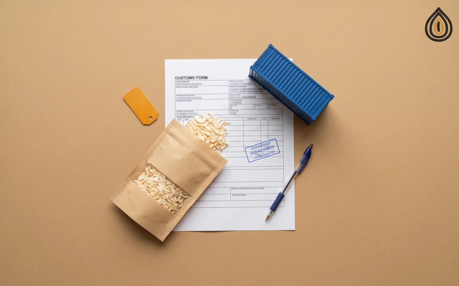 Kraft sample bag of onion flakes, a stamped customs form and a model container on a plain backdrop