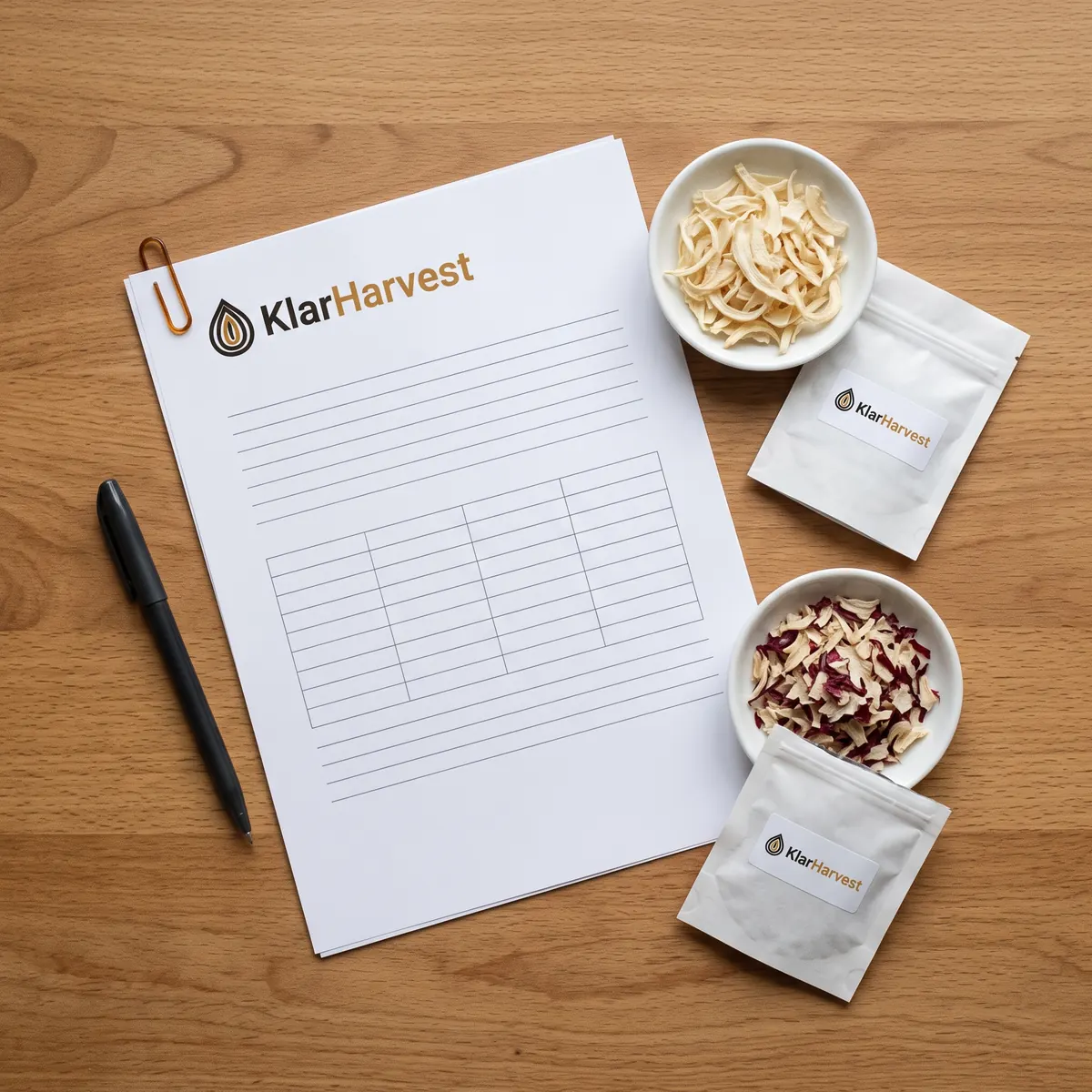A blank ruled specification sheet with the KlarHarvest logo on a wooden desk beside two labelled sample pouches and dishes of white and red dehydrated onion flakes, seen from above.