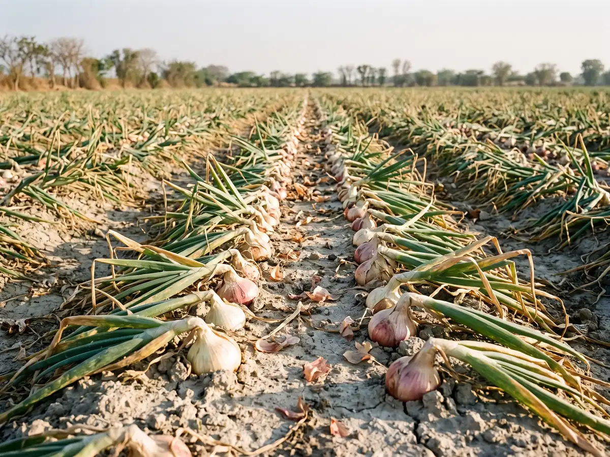 Rows of mature onions in a dry field with their tops fallen over, the bulbs showing at the soil line.