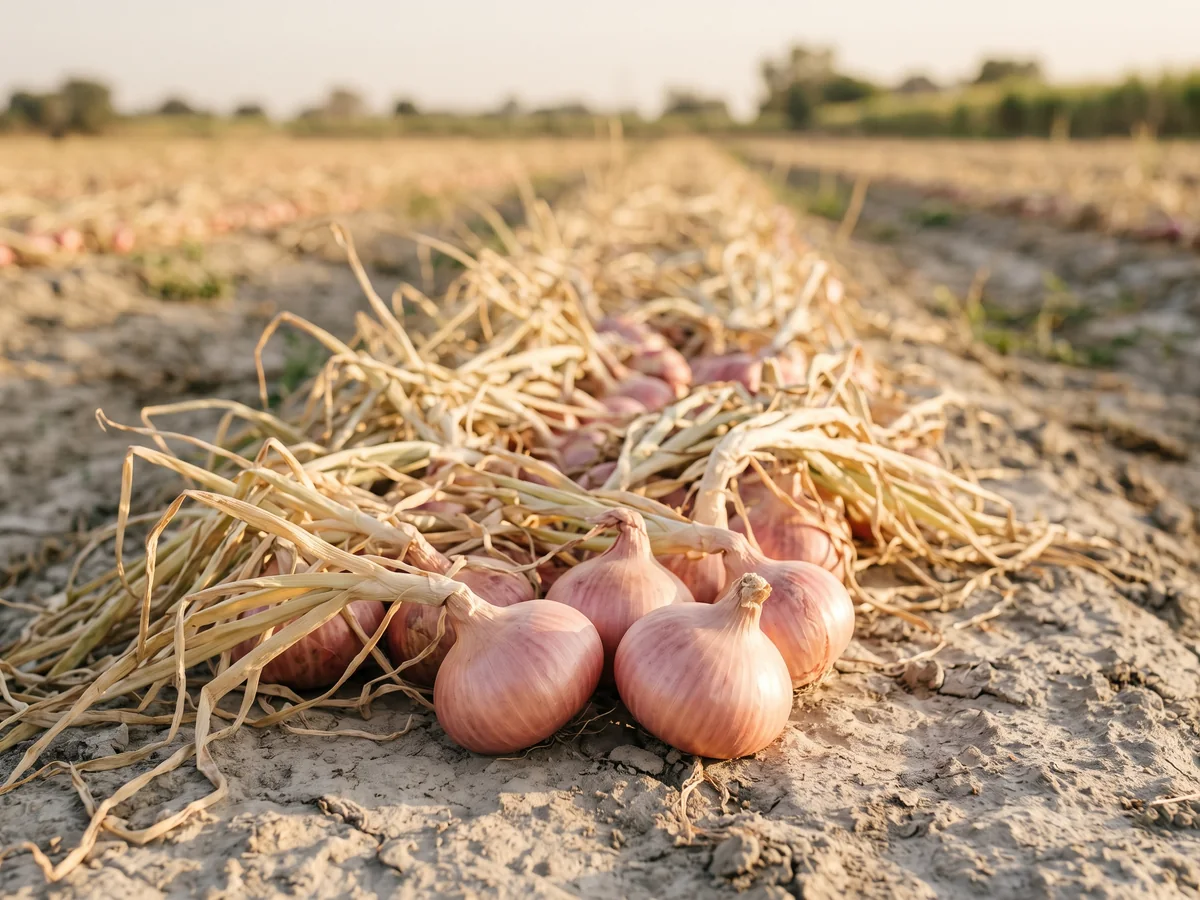 A close view along a field windrow of fresh pink onions curing under their wilted tops in low golden light.