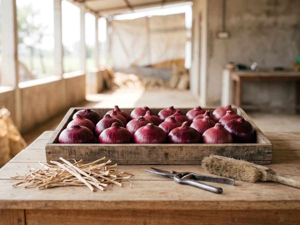 A wooden tray of trimmed, glossy red onions with their skins intact on a packhouse table beside steel shears, a brush and a pile of cut tops.