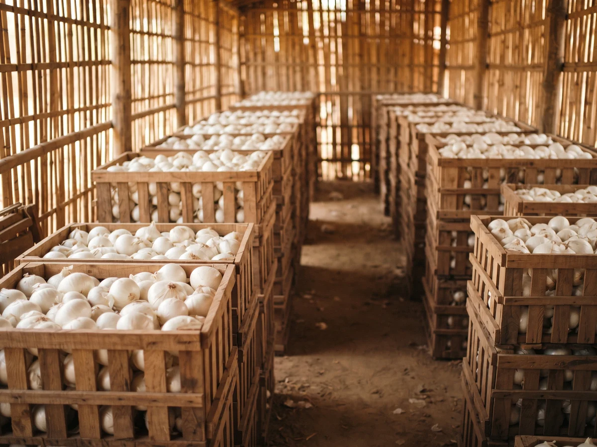 Stacks of slatted wooden crates full of cured white onions in a ventilated storage shed, daylight striping through the slatted walls.
