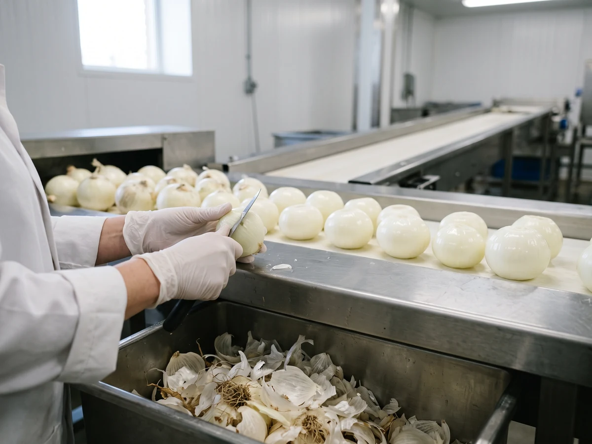 A woman's gloved hands trimming a white onion at a stainless peeling line, peeled bulbs moving along the belt and skins collecting in a bin below.