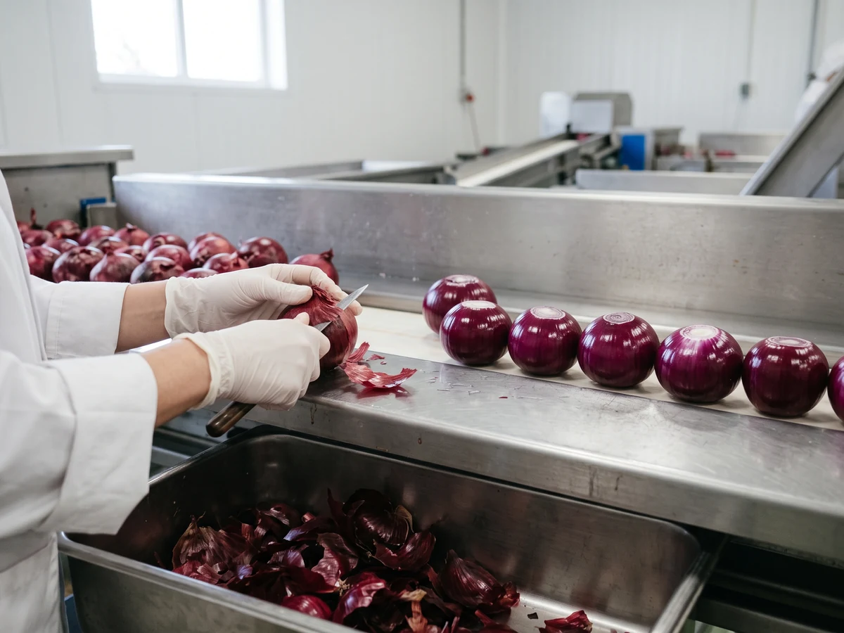 Peeled fresh red onions with their deep red-purple inner skin intact moving along a stainless belt, a woman's gloved hands peeling one more, loose papery skins in a bin below.