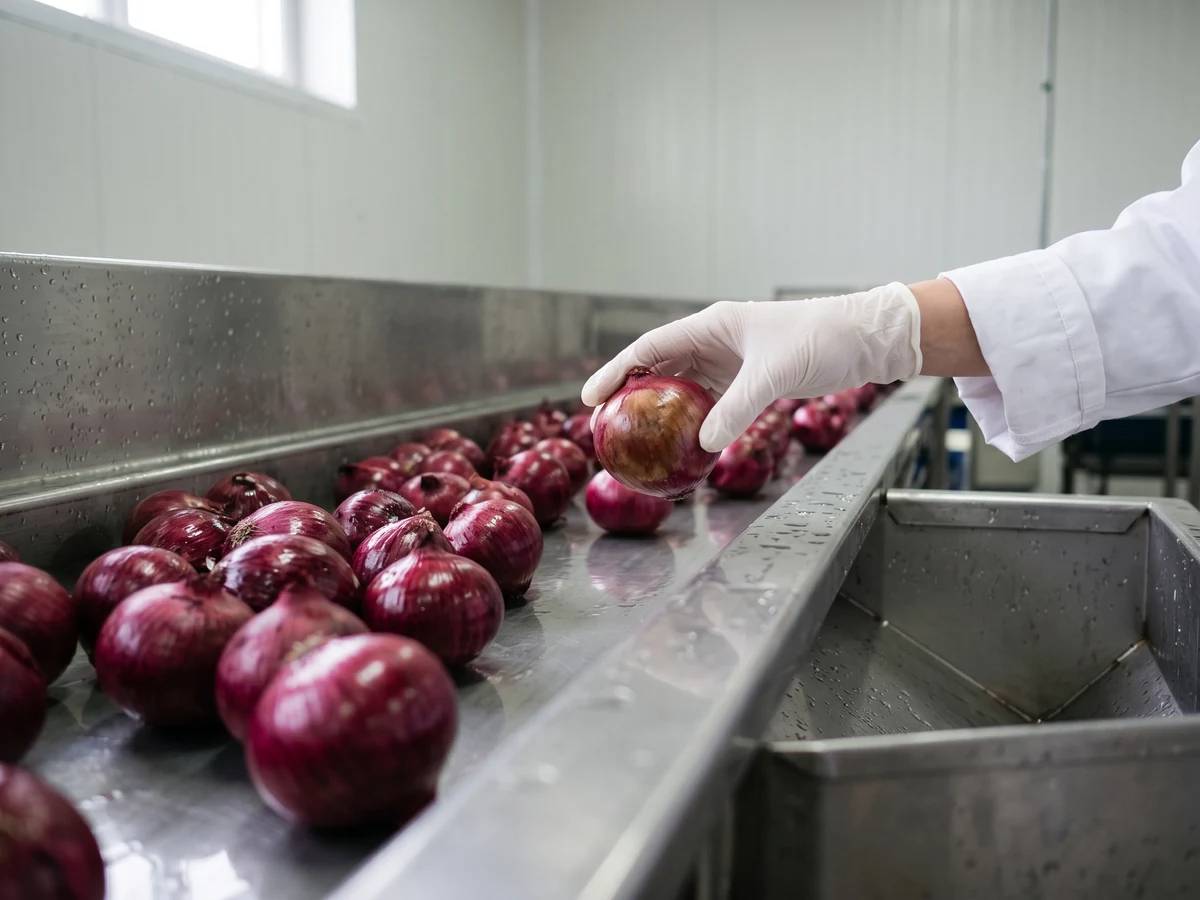 A woman's gloved hand lifting a bruised bulb off a stainless inspection belt of wet, peeled fresh red onions.
