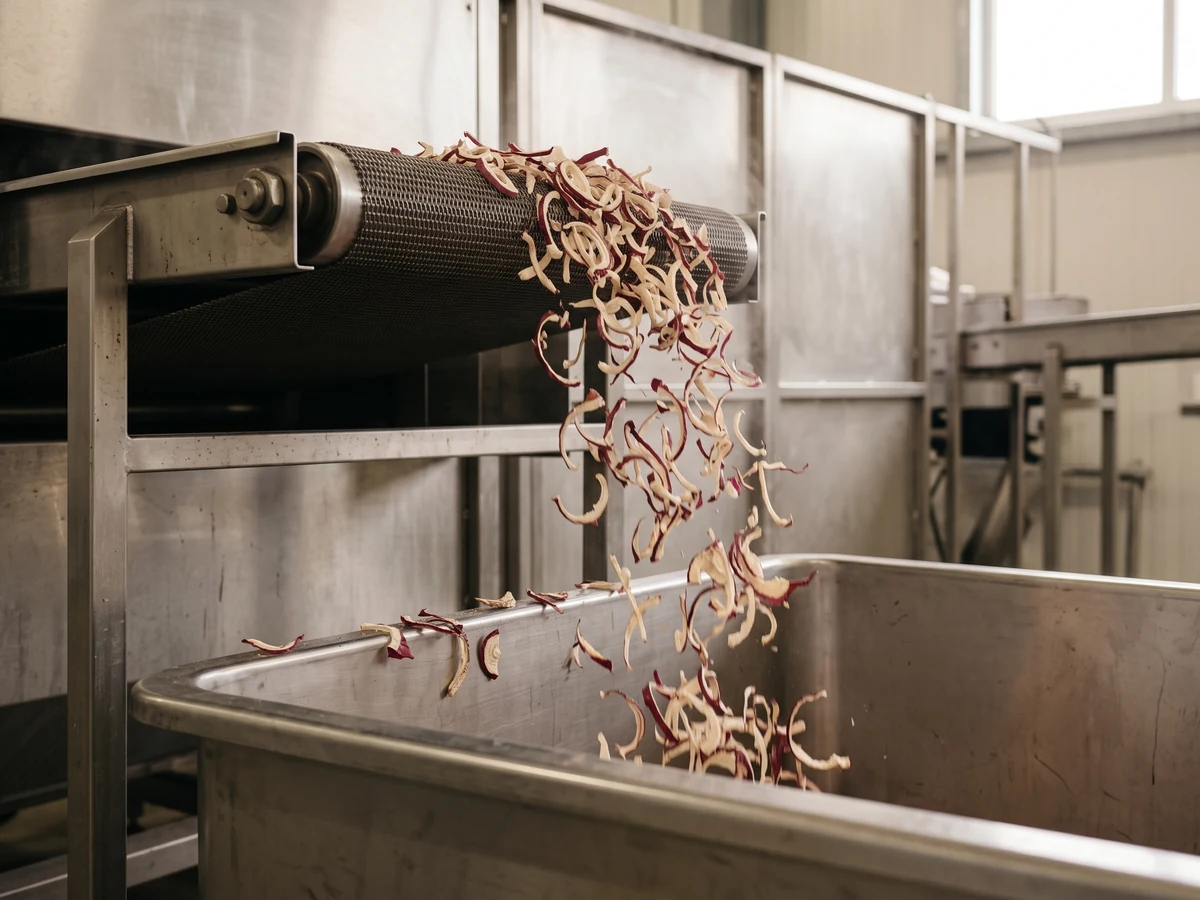 Dried red onion slices, cream with burgundy edges, cascading off the end of a stainless belt dryer into a tote.