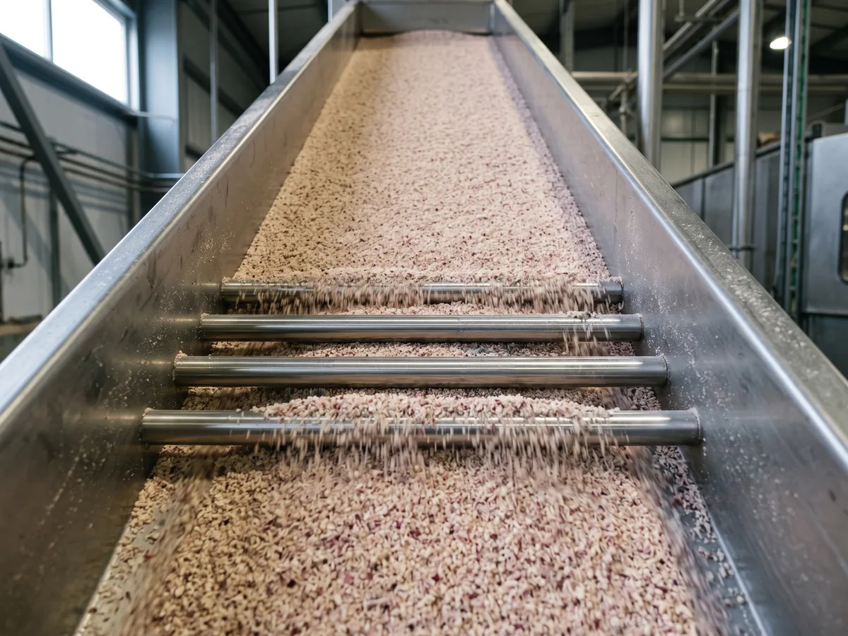 Dehydrated red onion granules flowing down a stainless chute over a grate of polished magnetic bars.