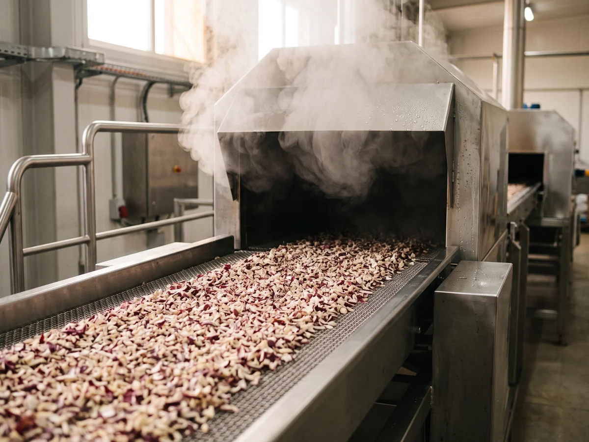 A stainless mesh belt carrying dried red onion grain into a steam tunnel, white steam curling from its hood.