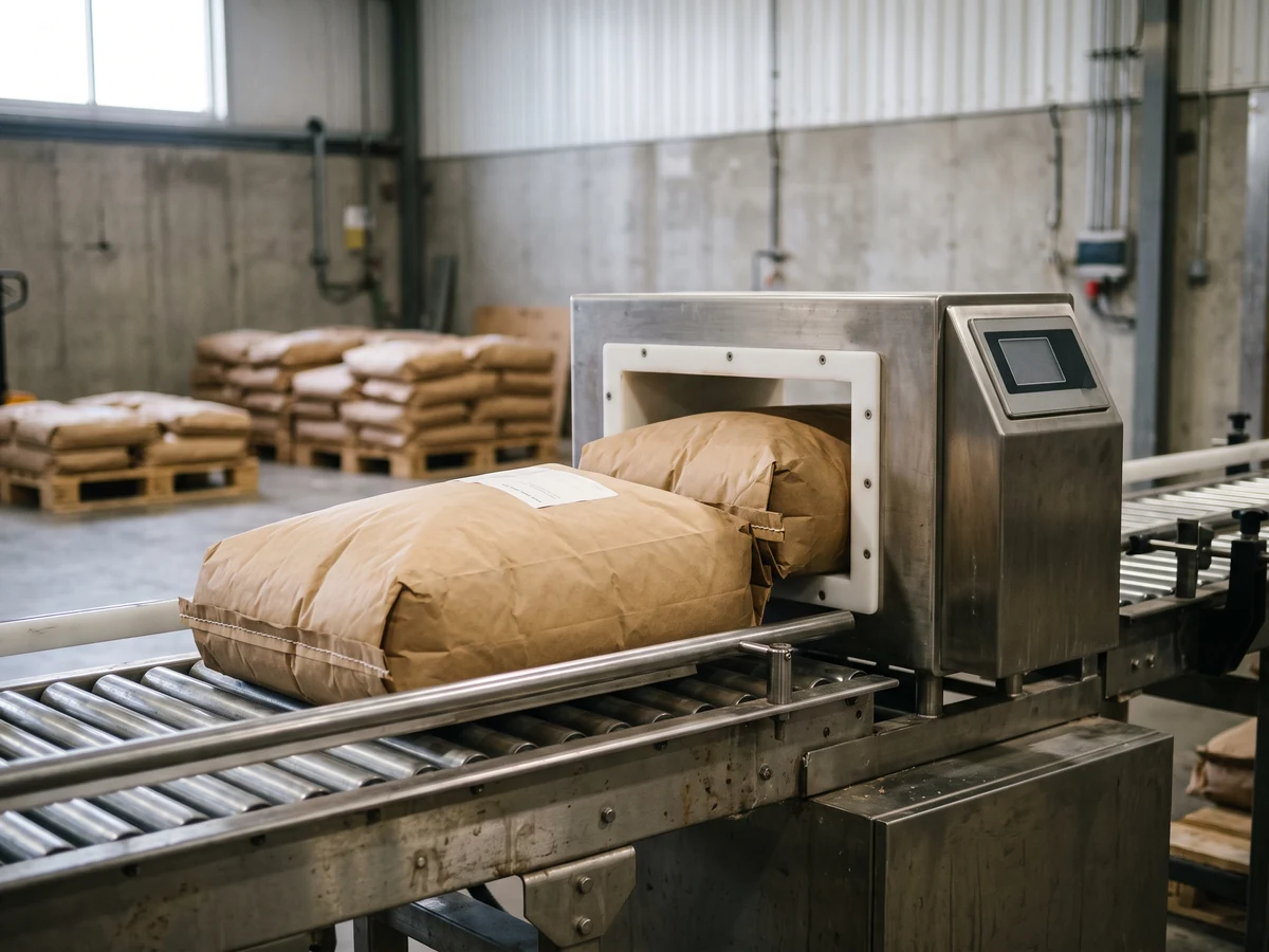 A sealed plain kraft sack passing through the aperture of a metal detector on a stainless conveyor, two more sacks waiting behind.