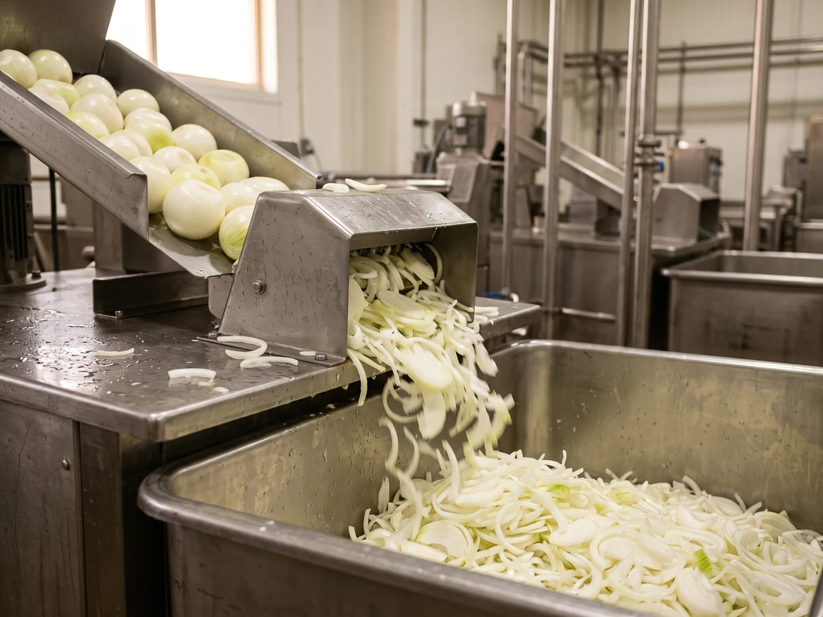 Thin white onion slices cascading from a stainless steel slicer into a tote, peeled white onions rolling down the chute above.