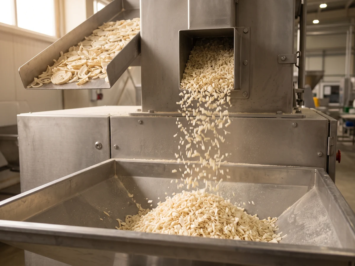 Chopped dehydrated white onion pieces falling from a stainless mill outlet into a hopper, whole dried slices waiting on the feed tray above.