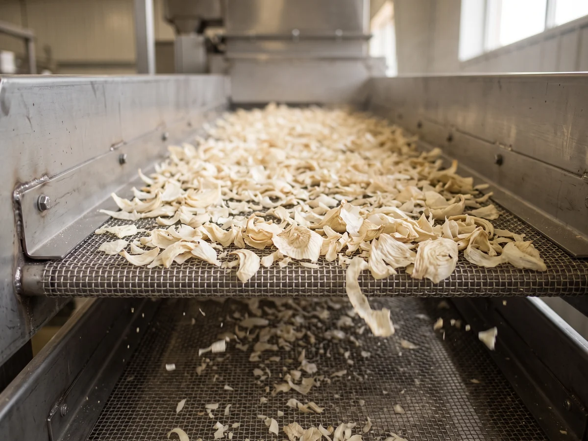 Dried white onion flakes moving over the screen of a stainless vibrating sieve, smaller fragments dropping through the mesh.