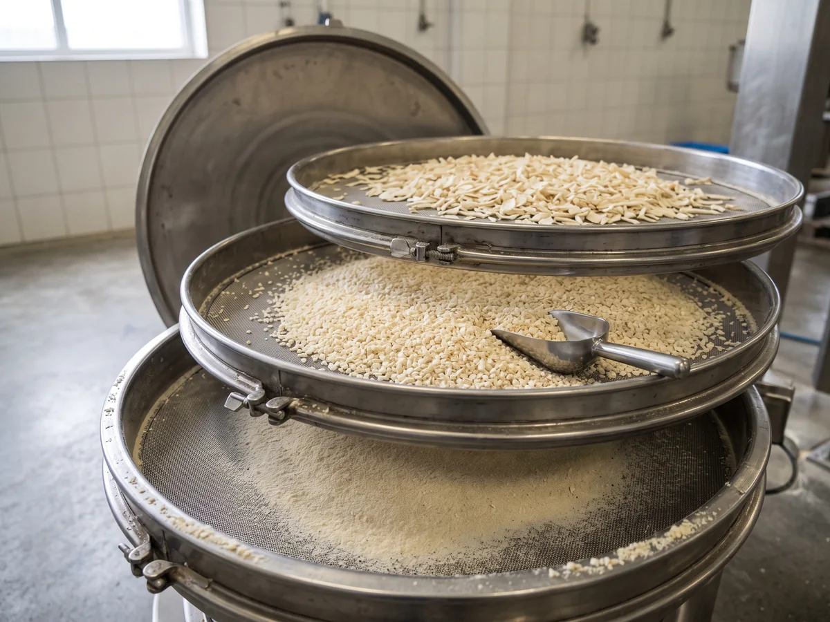 An opened stainless sieve stack showing three screen decks holding coarse pieces, white onion granules and fine powder.