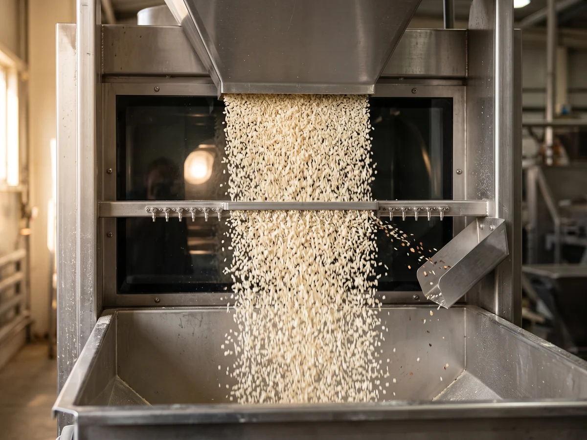 A thin curtain of minced dehydrated white onion falling through an optical sorter, a few dark specks being blown aside into a reject chute.