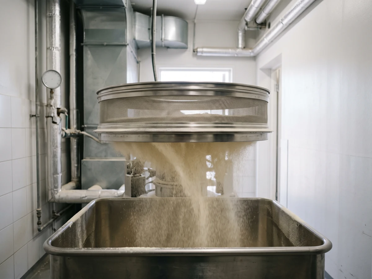 A fine cloud of white onion powder sifting through a stainless mesh screen into a tote inside a bare white dry room.