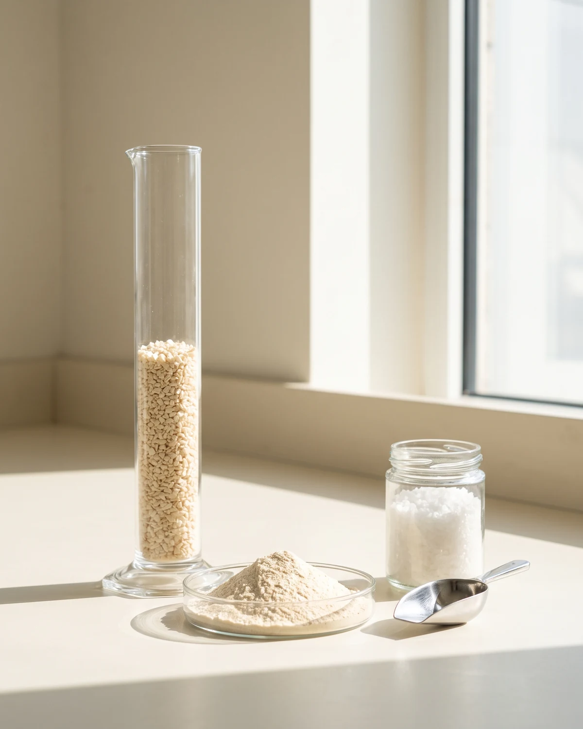 A glass cylinder of dehydrated white onion granules and a dish of white onion powder on a cream laboratory bench in strong sunlight.