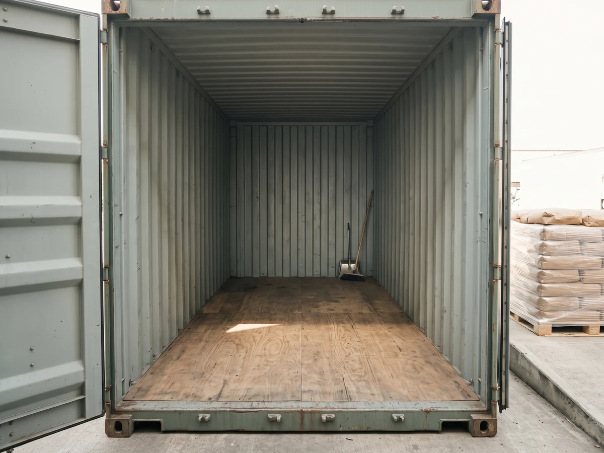 Looking into an empty, clean shipping container with a broom in the corner, a wrapped pallet of kraft sacks waiting outside the doors.