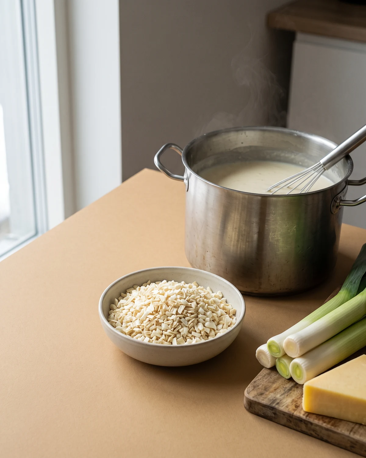 A bowl of chopped dehydrated white onion beside a stainless pot of pale sauce, leeks and cheese on a warm kraft-tan surface.