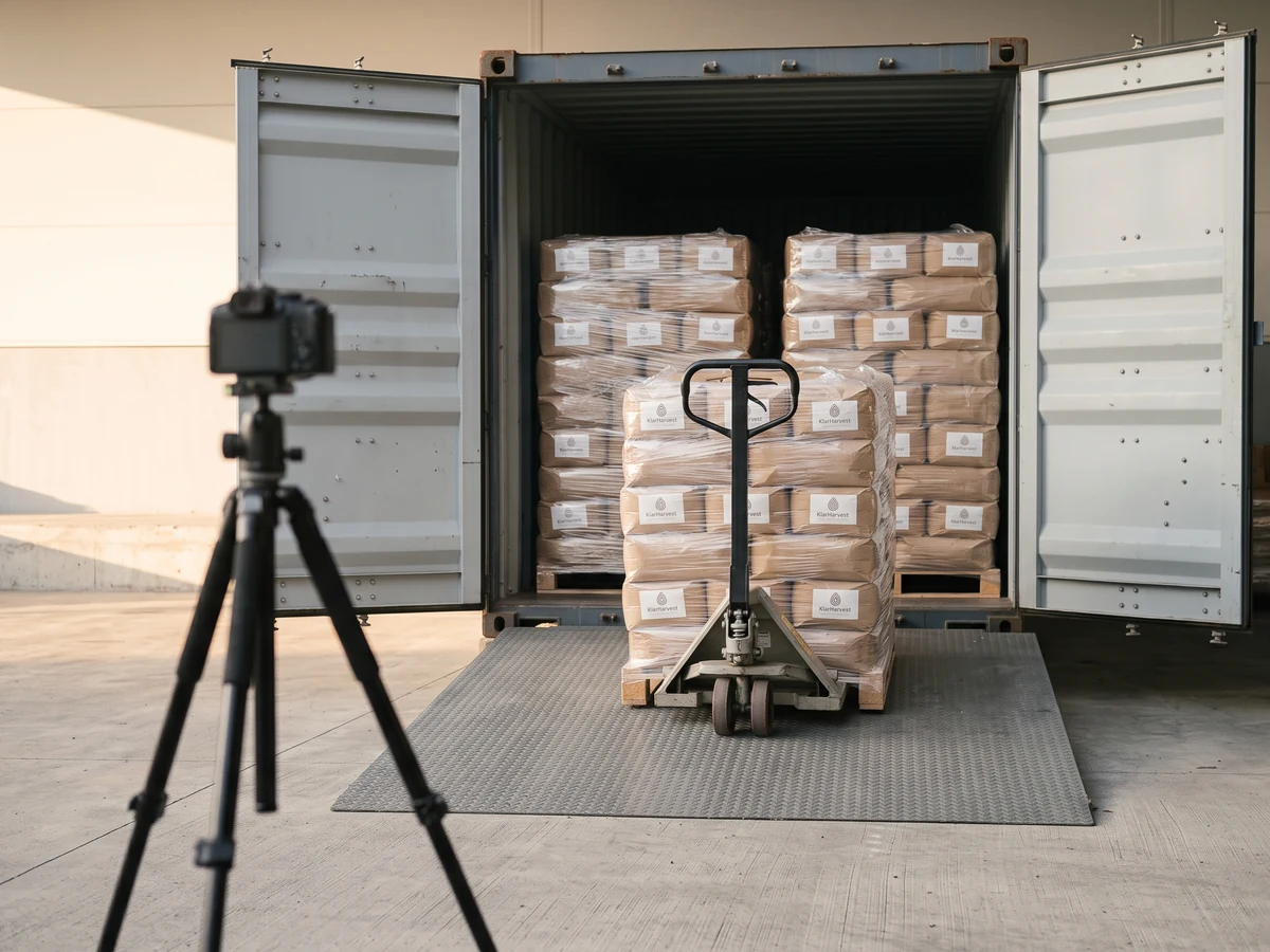 A camera on a tripod pointed at an open shipping container half loaded with wrapped pallets of kraft sacks, a pallet jack waiting on the ramp.