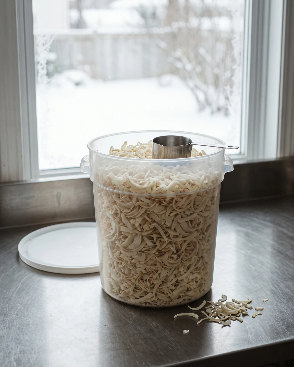 An open foodservice tub of dehydrated white onion flakes with a measuring cup on a stainless counter, a snowy window behind.