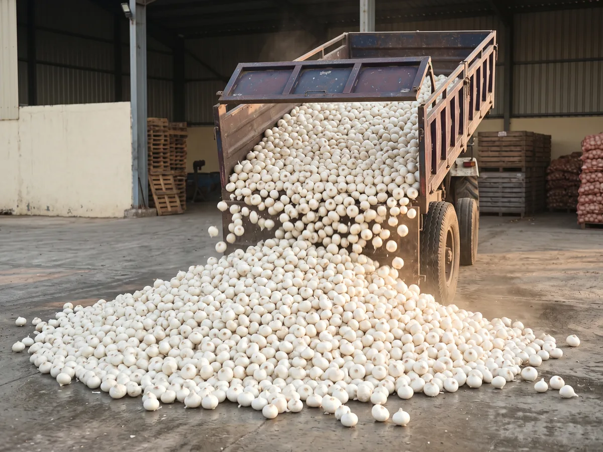 Cured white onions pouring from a tilted tipper trailer onto a clean heap at a processing plant's intake in morning light.