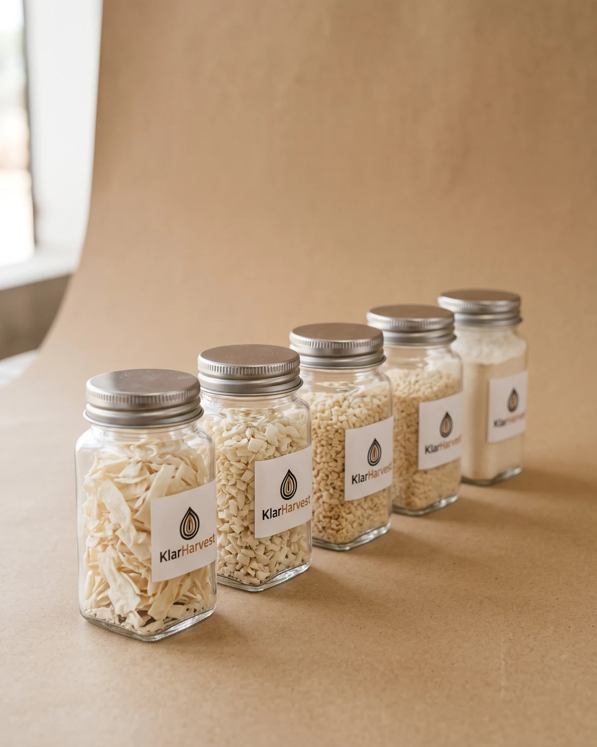 Five labelled glass sample jars of dehydrated white onion, from flakes to powder, standing in a line on a warm kraft-tan backdrop.