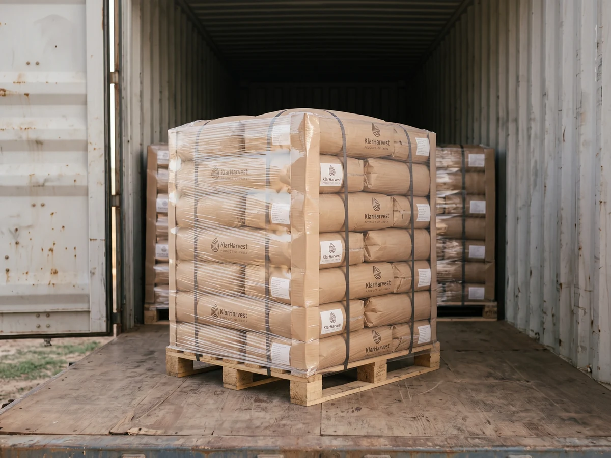 A stretch-wrapped Europallet of kraft sacks with the KlarHarvest label and cardboard corner boards standing inside an open shipping container.