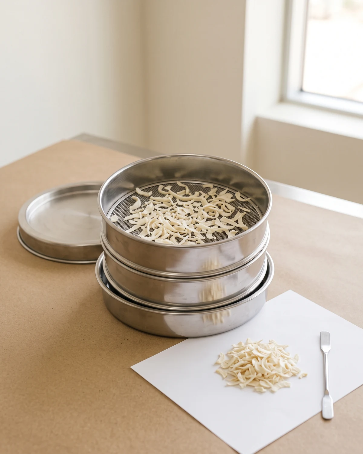 Dehydrated white onion flakes resting on the mesh of a stack of stainless laboratory test sieves on a warm kraft-tan surface.