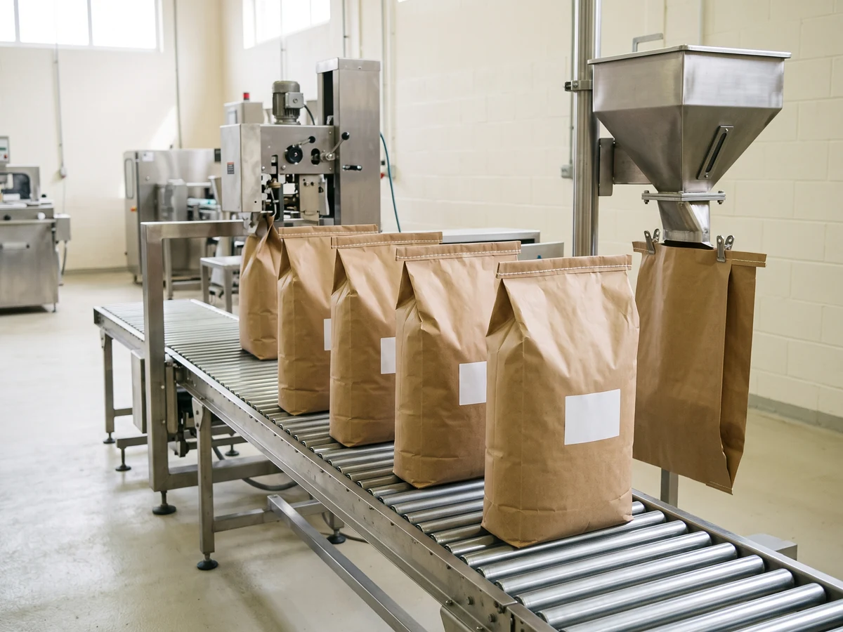 Freshly filled and stitched plain kraft sacks standing in a row on a stainless conveyor beside the filling spout in a plant packing room.