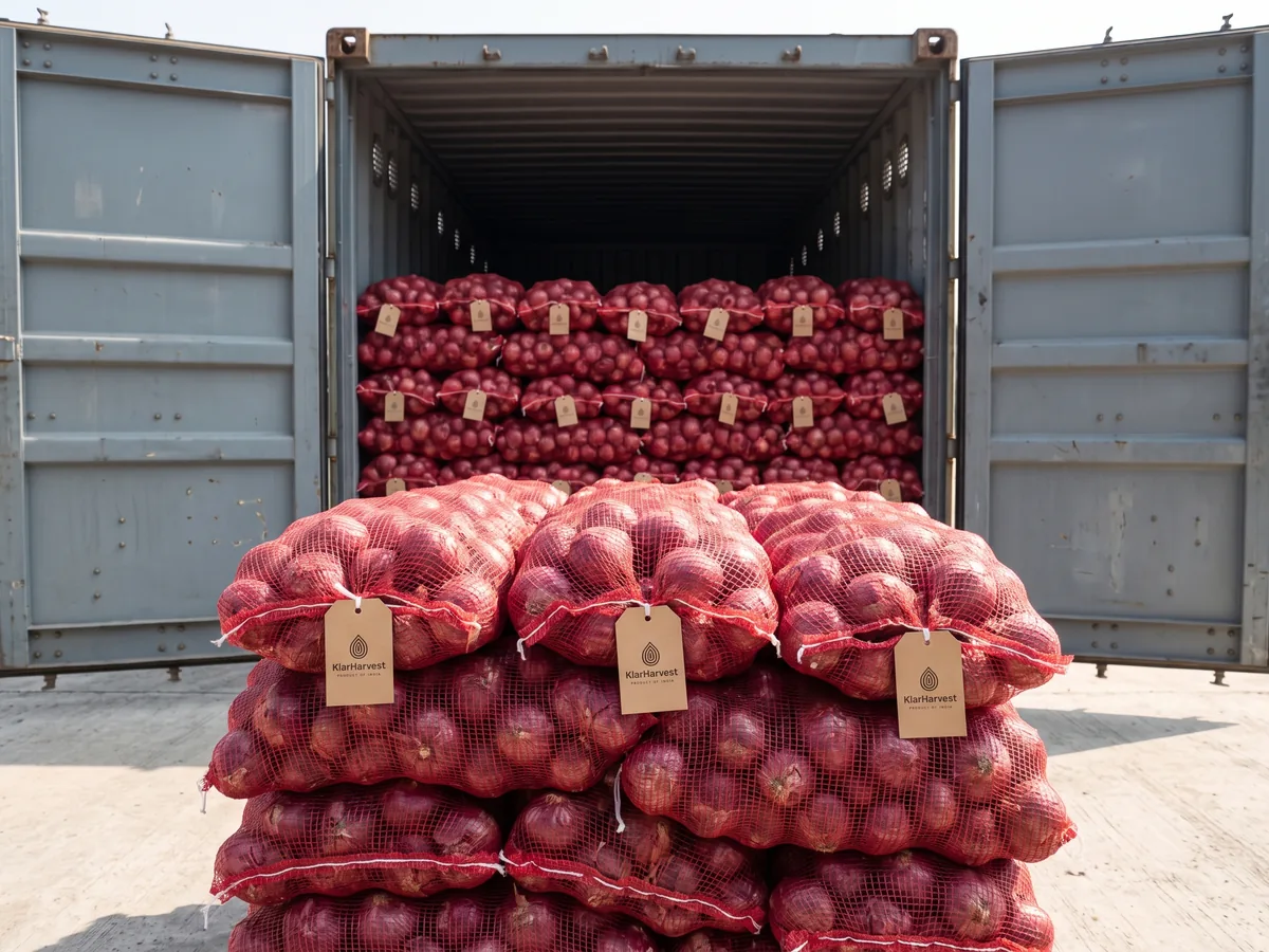 A neat stack of red mesh bags of fresh red onions with kraft tags on a sunlit loading bay in front of an open ventilated container being loose-stowed.