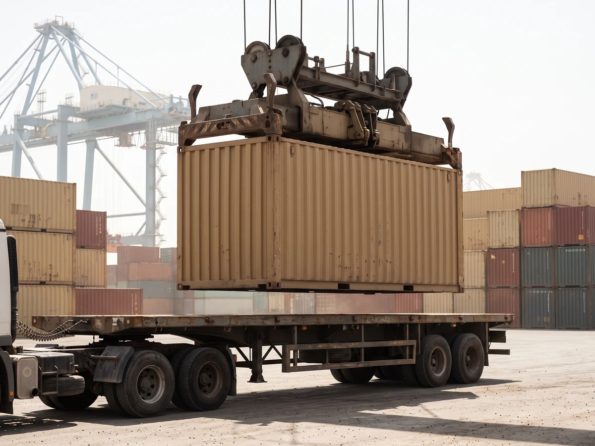 A plain shipping container hanging from a crane spreader above a truck chassis in a hot, hazy port yard, gantry cranes behind.