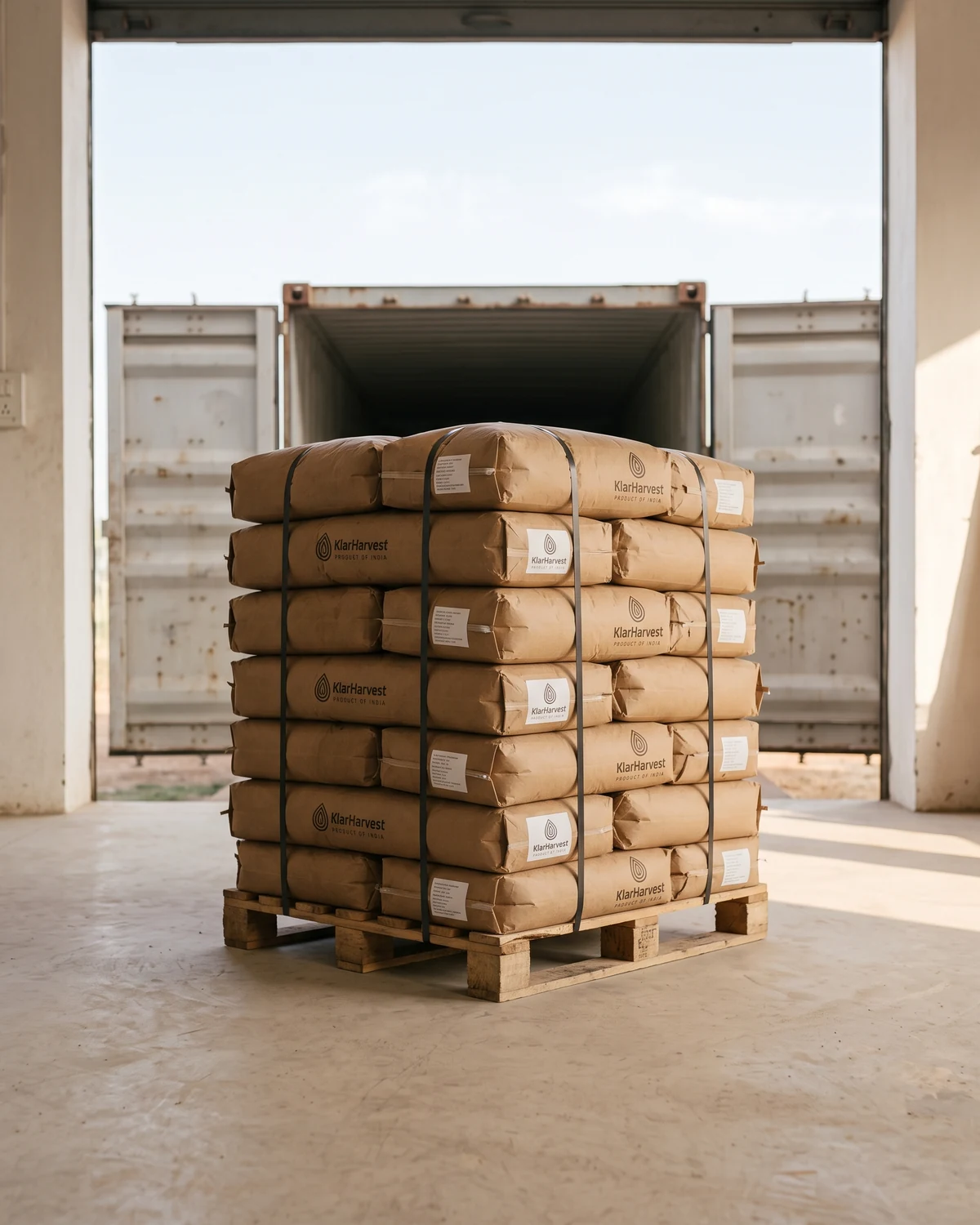 A tall pallet of kraft sacks with the KlarHarvest label standing in a bright warehouse doorway, an open shipping container behind it.