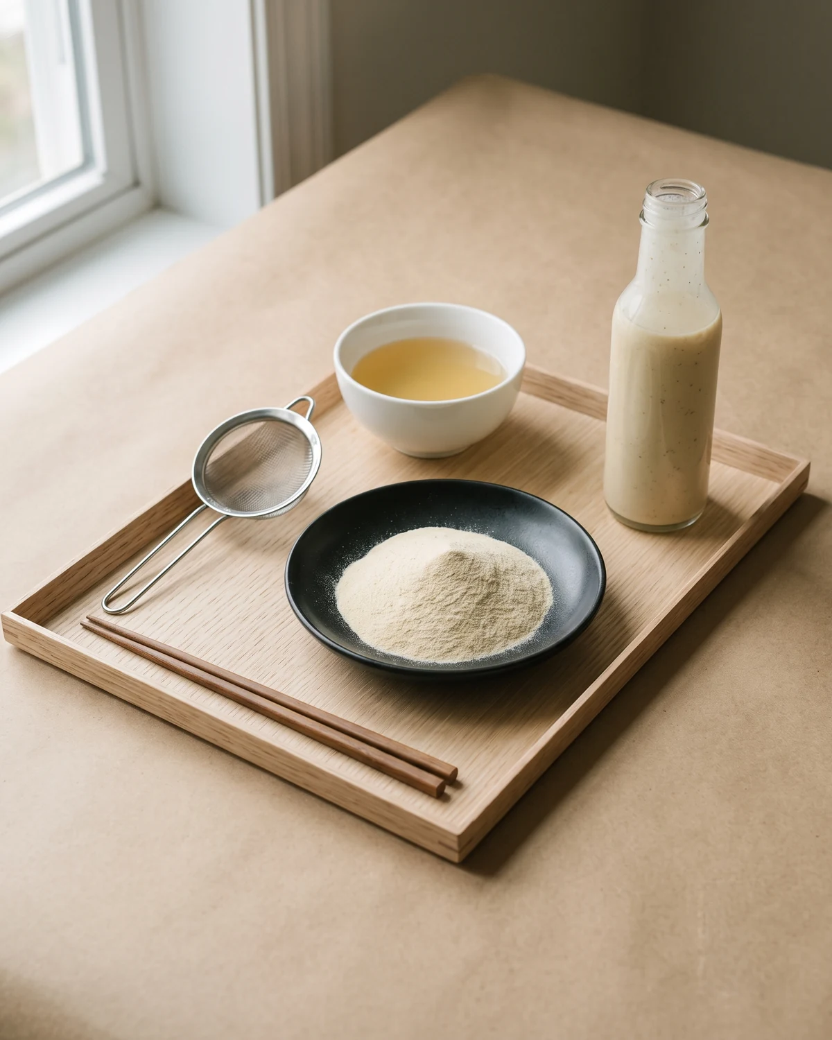 A black ceramic dish of dehydrated white onion powder on a pale wooden tray beside a bowl of clear broth, a sieve and a bottle of dressing.