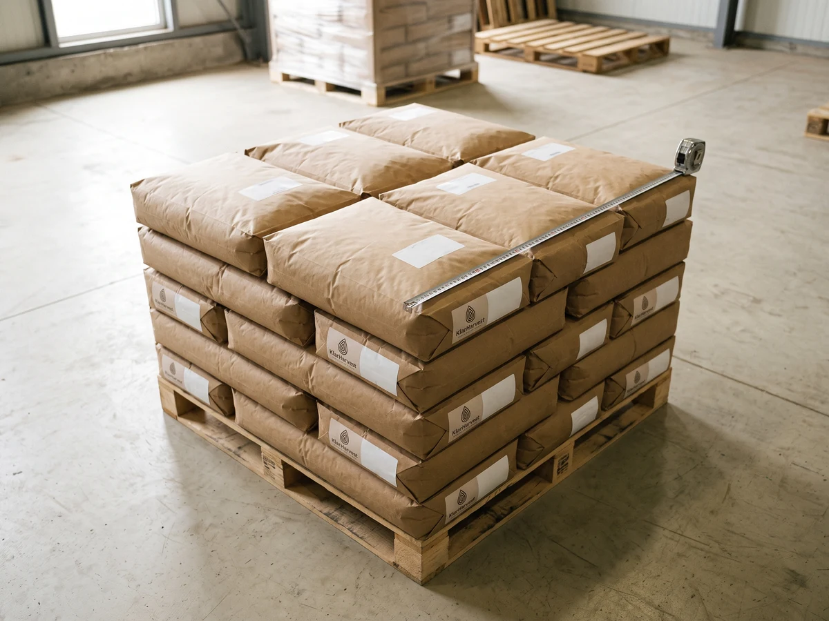 A square pallet of kraft sacks with the KlarHarvest label seen from above, a tape measure lying along its flush top edge.