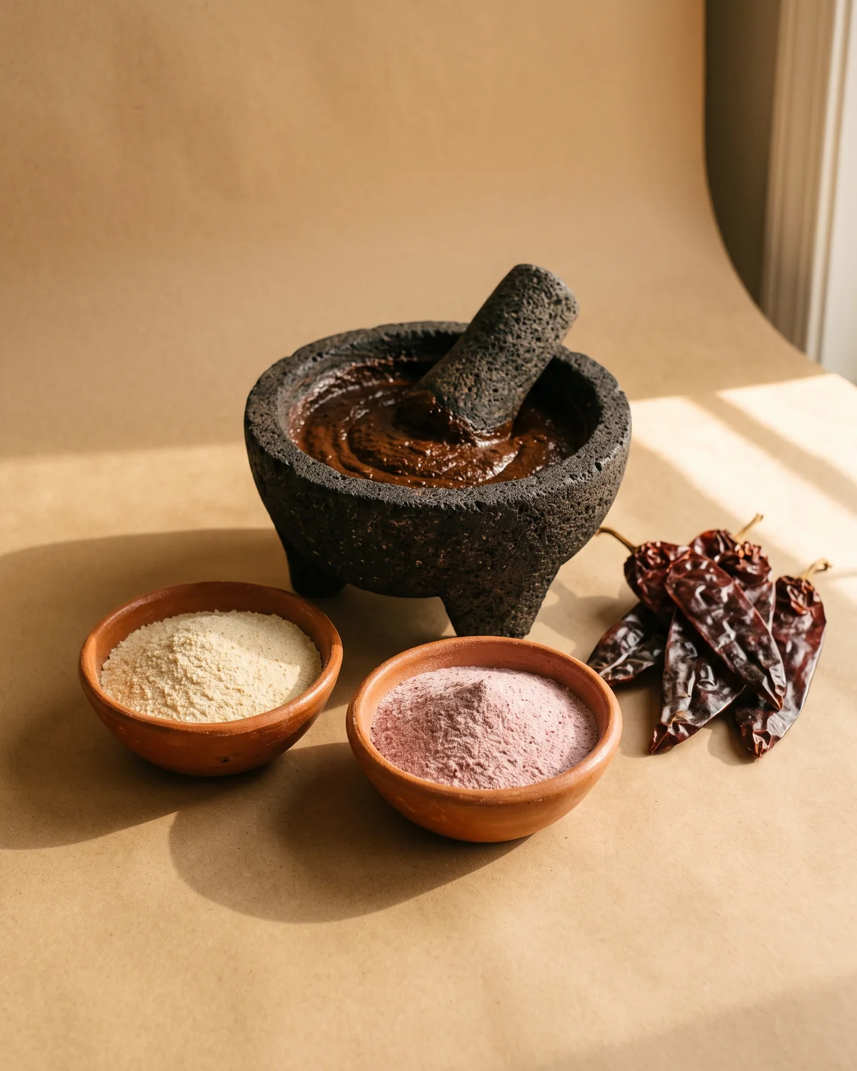 Terracotta dishes of white and red onion powder on a kraft-tan backdrop beside a stone molcajete of mole paste and dried ancho chillies.