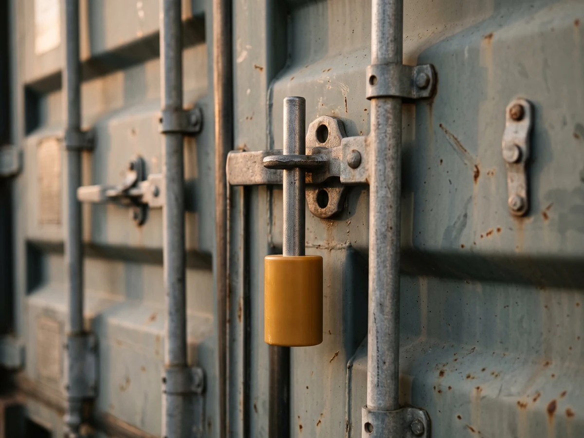 A close view of an amber bolt seal locked through the hasp of a closed shipping container door bar in late sunlight.