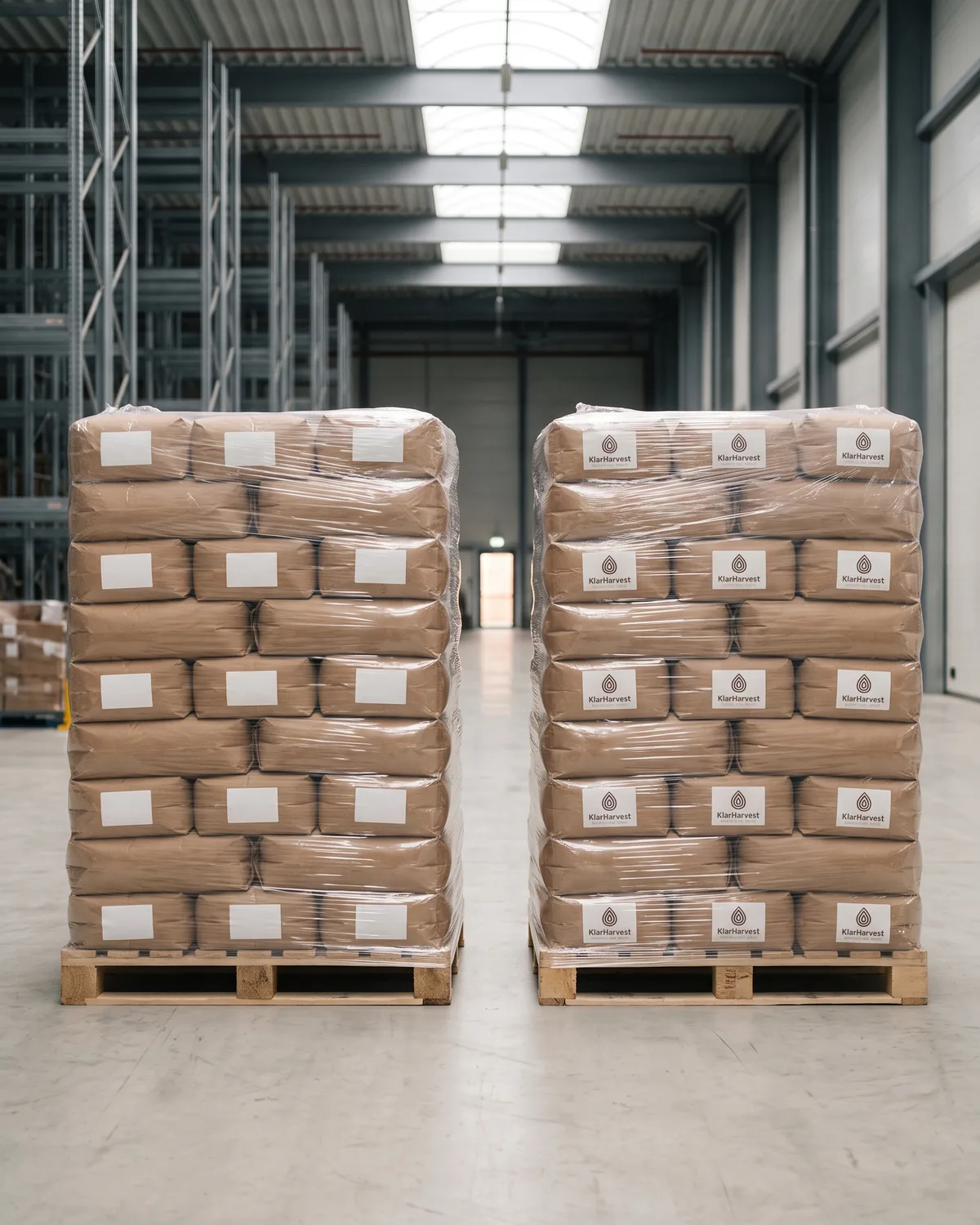 Two wrapped pallets of kraft sacks side by side in a distribution hall, one with blank label panels and one with the KlarHarvest label.