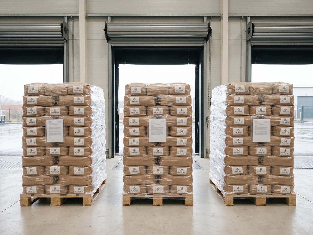 Three wrapped pallets of kraft sacks with the KlarHarvest label standing in a row along open roller-shutter doors, each with its own document pouch.