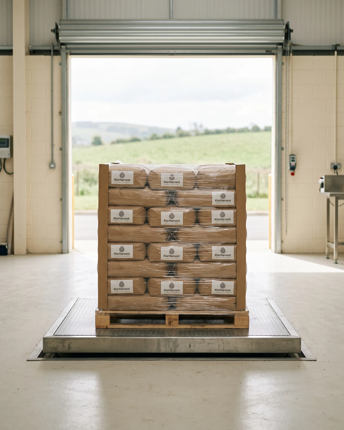 A single wrapped pallet of kraft sacks with the KlarHarvest label standing on a stainless inspection platform in a clean white bay with an open door behind.
