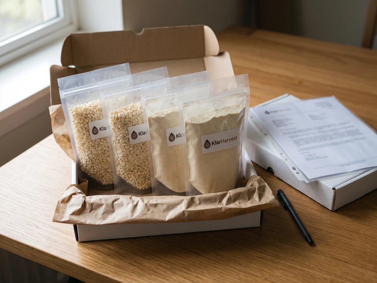 Four labelled sample pouches of white onion granules and powder standing in an open courier box lined with kraft paper, a document sleeve on the lid beside it.