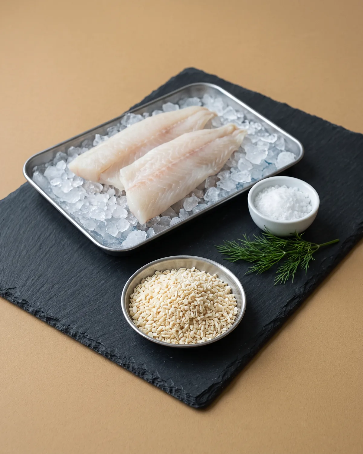 A dish of minced dehydrated white onion on slate beside white fish fillets on crushed ice, a bowl of salt and dill in cool window light.