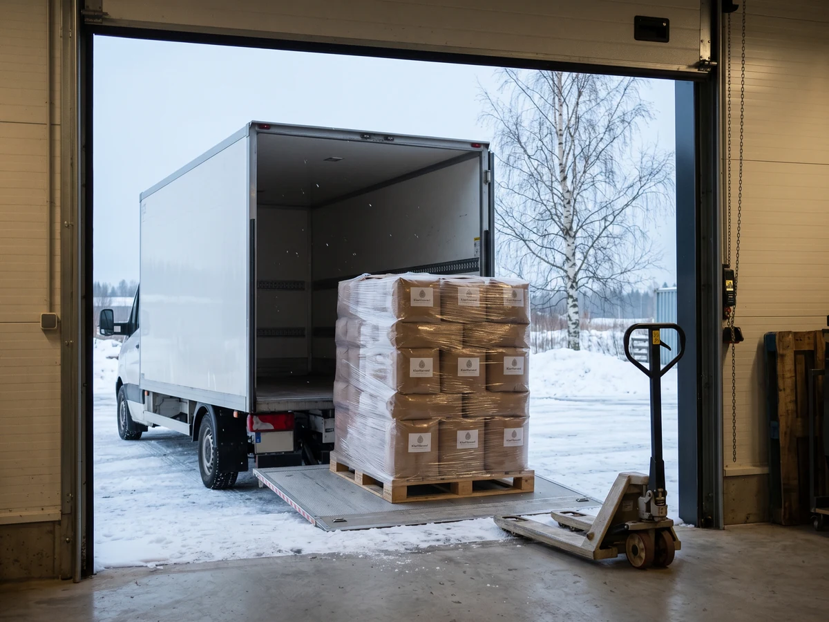 A wrapped pallet of kraft sacks with the KlarHarvest label standing on a truck's tail-lift at a warehouse door on a snowy winter day.