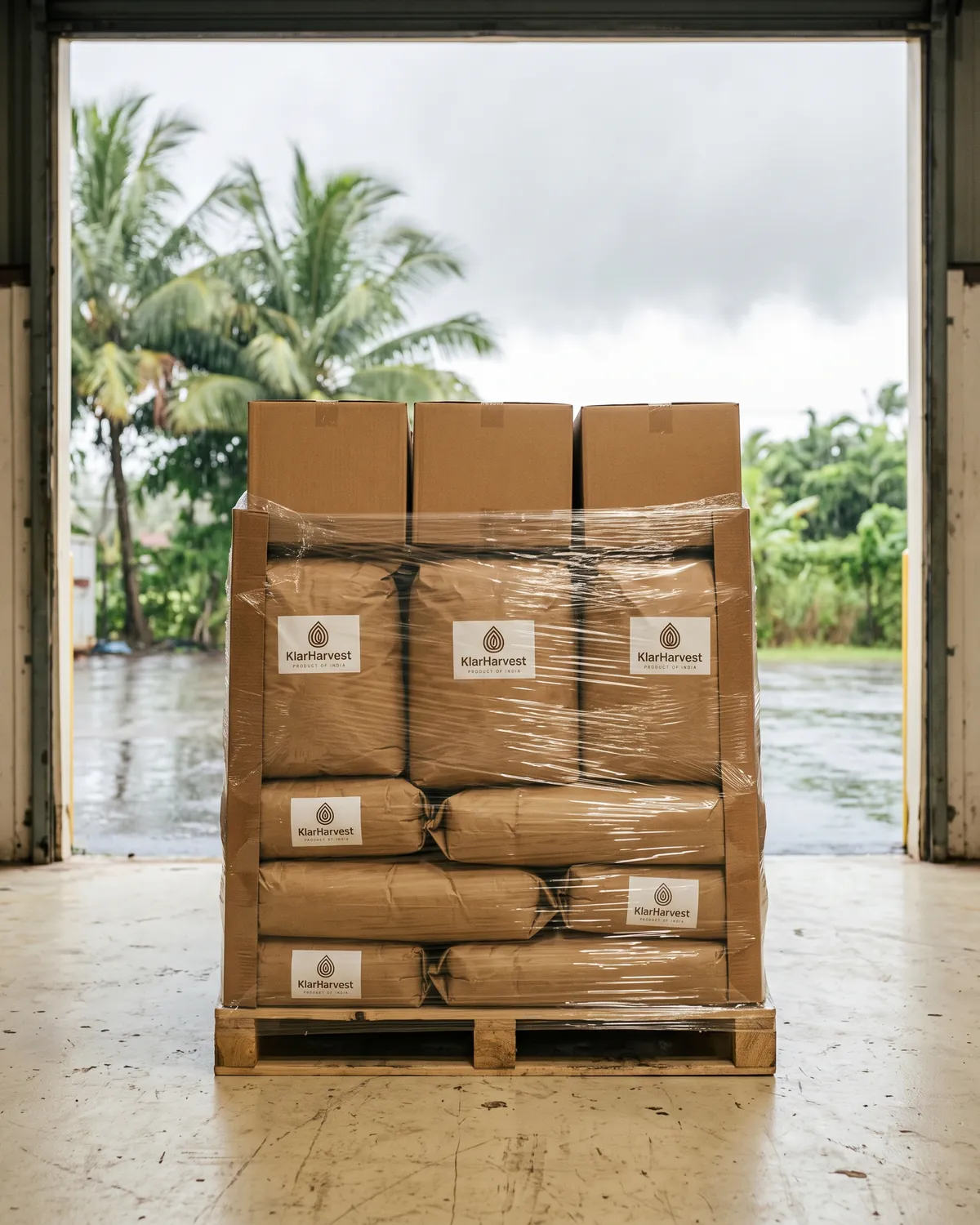 A wrapped mixed pallet of large and small kraft sacks with the KlarHarvest label and plain cartons standing in a warehouse doorway in tropical light.
