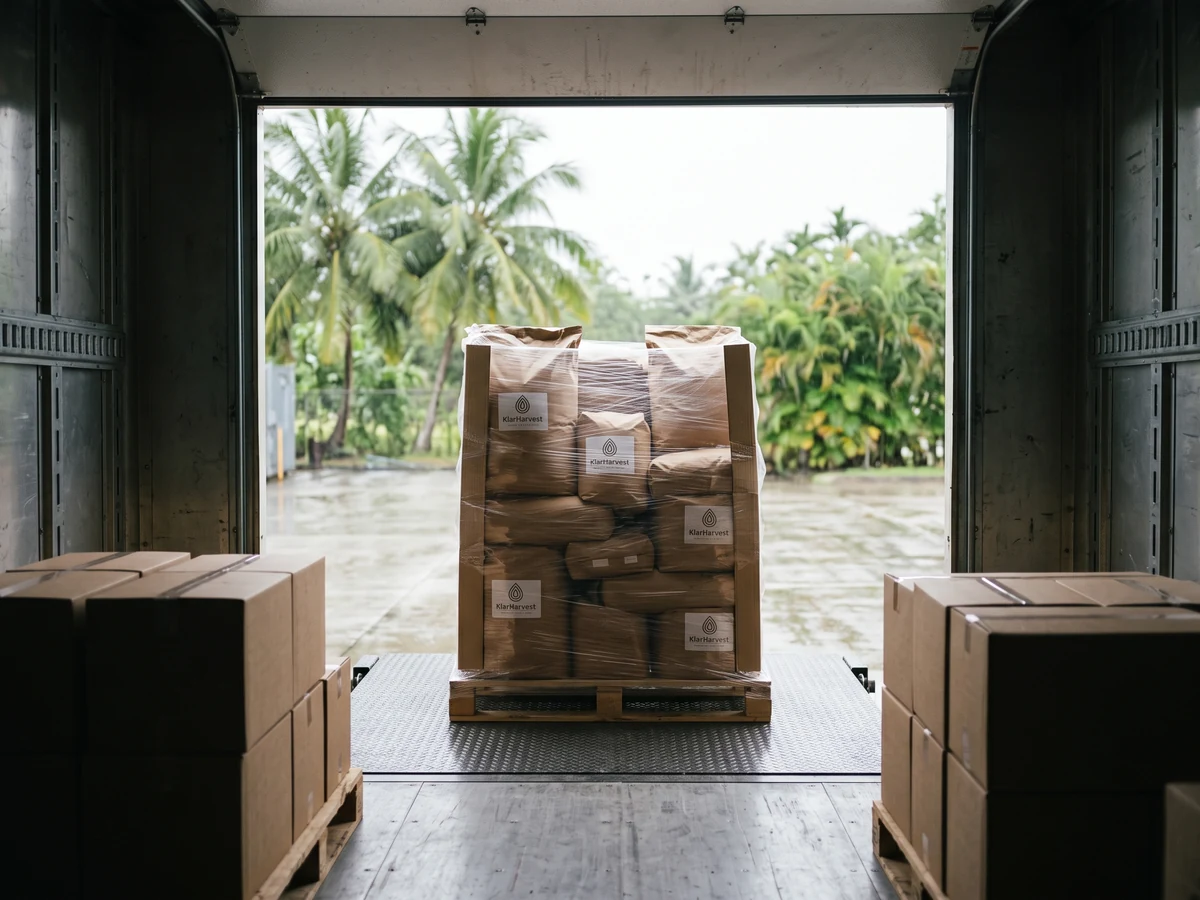 Seen from inside a truck, a single wrapped pallet of kraft sacks with the KlarHarvest label standing on the tail-lift against a bright tropical sky.