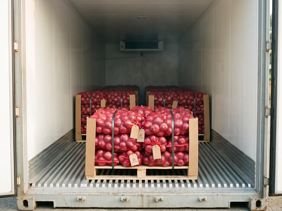 A strapped pallet of red mesh bags of fresh red onions with kraft tags standing on the ribbed floor of a white-walled refrigerated container.