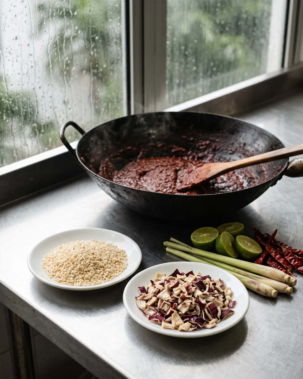 Dishes of dehydrated white onion granules and chopped red onion in front of a wok of sambal, limes and lemongrass, rain on the window behind.