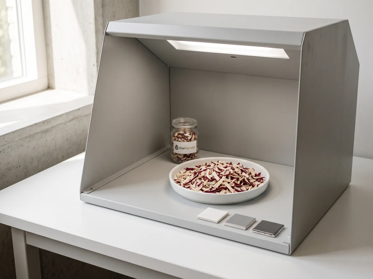 A dish of dehydrated red onion flakes under a daylight viewing booth beside grey and white colour reference tiles and a labelled sample jar.