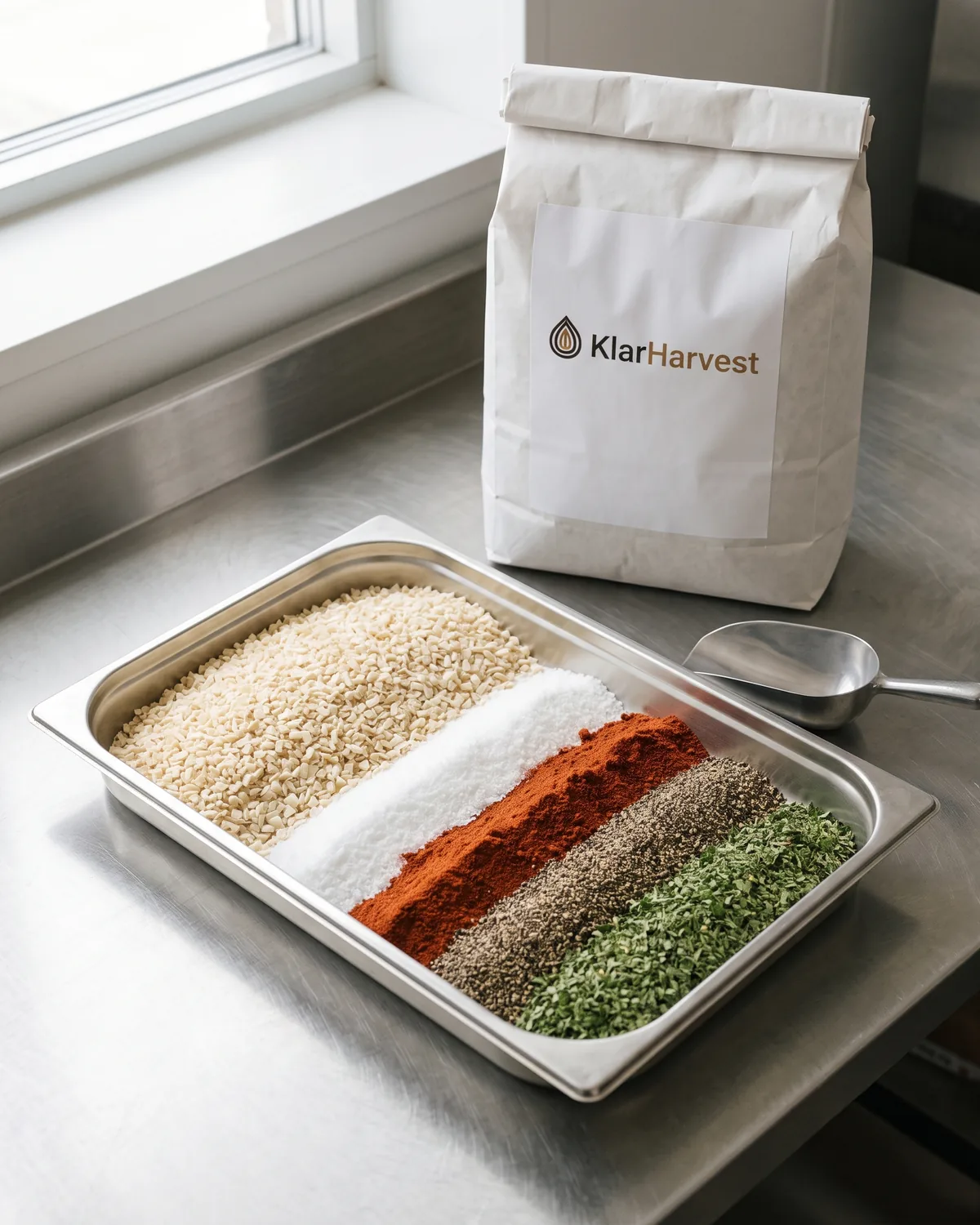 A stainless tray of white onion granules, salt, paprika, pepper and parsley laid in parallel bands, a plain white paper sack behind it.